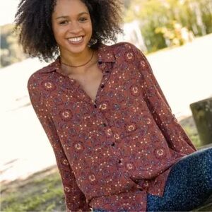 Natural Life Brown Floral Cece Button Down Collared Long Sleeve Blouse• Large